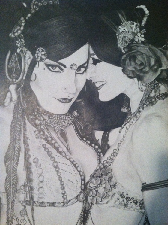 (Zoe Jakes and Rachel Brice, photographed by Pixie Vision Productions and drawn in pencil by me (as practice for drawing faces and intricate detail))