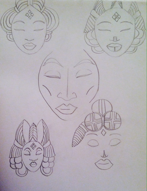 ("African masks". Saturday 6/14. Pencil.)
